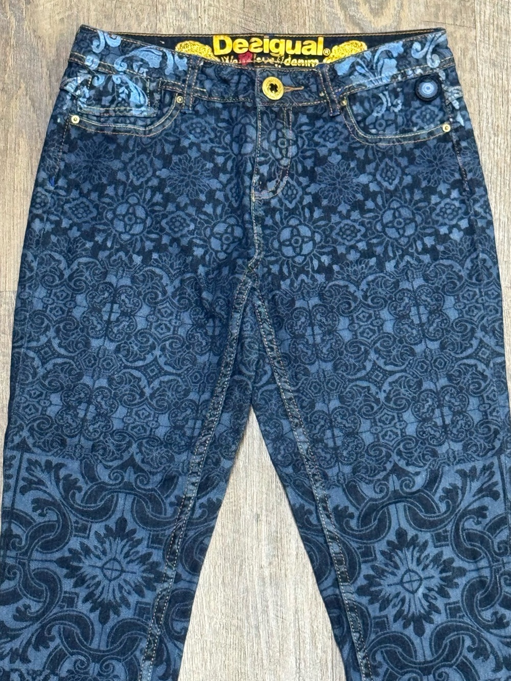 Desigual Blue Floral All Over Print Low Rise Distressed Skinny Y2K Jeans Size 28 - Picture 3 of 10